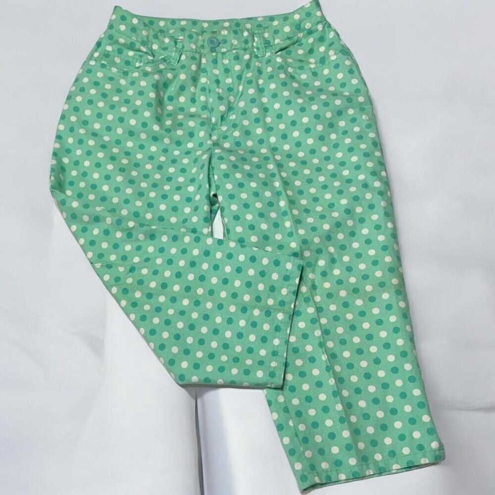 Bill Blass ladies petite green white polka dot 5-pocket design jeans wear capri
